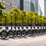 An image showcasing a vibrant city street with a row of sleek electric bikes lined up against a backdrop of towering buildings