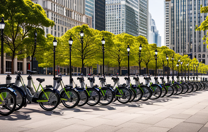 An image showcasing a vibrant city street with a row of sleek electric bikes lined up against a backdrop of towering buildings
