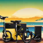 An image showcasing a sleek electric bike, securely packaged in a sturdy box adorned with shipping labels, surrounded by palm trees, against the backdrop of Los Angeles' skyline, with Miami's iconic beaches peeking through the horizon
