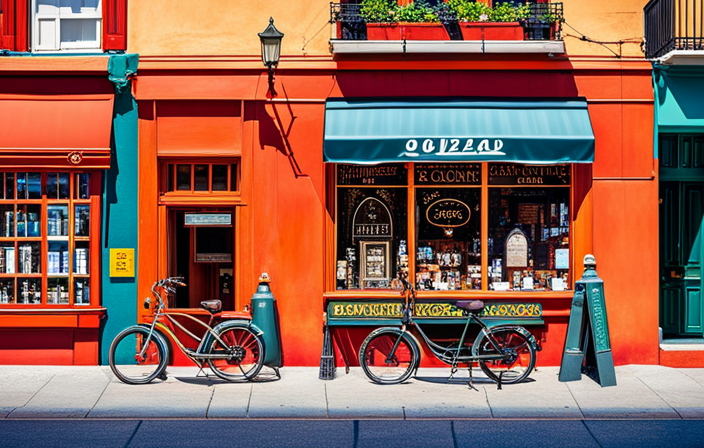An image of a vibrant, bustling city street, with a Pedego Electric Bike prominently displayed in a storefront window