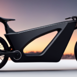 An image showcasing a sleek, black Stealth Electric Bike parked against a vibrant city backdrop