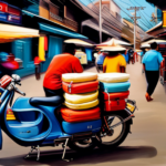 An image showcasing a bustling street in the Philippines, with vibrant colors, where a local vendor proudly displays a sleek electric bike, attracting curious onlookers and potential buyers