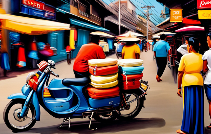 An image showcasing a bustling street in the Philippines, with vibrant colors, where a local vendor proudly displays a sleek electric bike, attracting curious onlookers and potential buyers