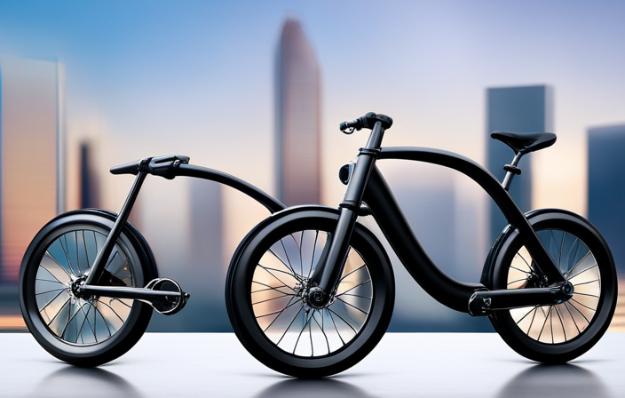 An image featuring a sleek, modern electric bike standing against a vibrant cityscape backdrop