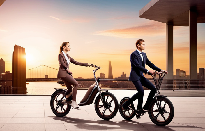 An image showcasing a sleek, modern electric walking bike parked against a vibrant urban backdrop, with its elegant design and advanced features capturing the attention of passersby