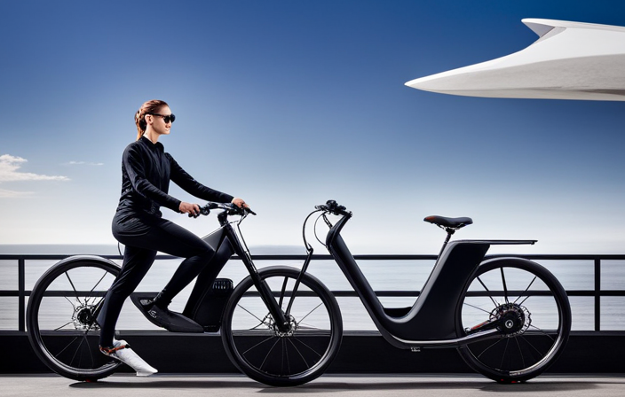 An image showcasing the sleek design and features of the Totem Electric Bike, with a rider cruising effortlessly along a scenic coastal road, surrounded by panoramic ocean views and soaring cliffs