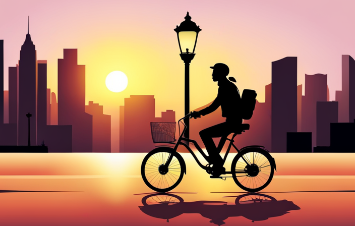 An image showcasing a vibrant cityscape during sunset, with a Jump electric bike parked against a lamppost