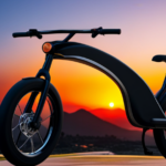 An image depicting a sleek electric bike against a backdrop of rolling hills, with a price tag dangling from its handlebars