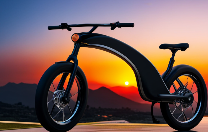 An image depicting a sleek electric bike against a backdrop of rolling hills, with a price tag dangling from its handlebars