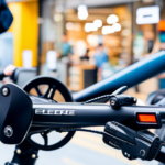 An image showcasing a vibrant, bustling city street with a sleek, modern electric bike shop in the foreground