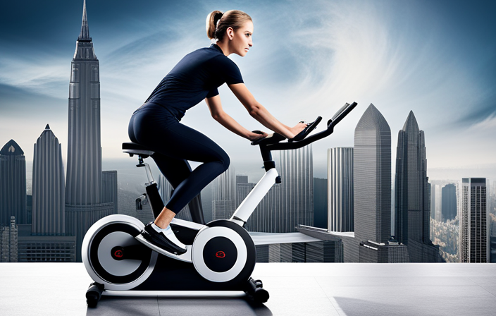 An image showcasing an electric exercise bike in a well-lit room, with clear focus on the digital display showing energy consumption, while the user pedals energetically, generating power to illuminate a nearby lamp