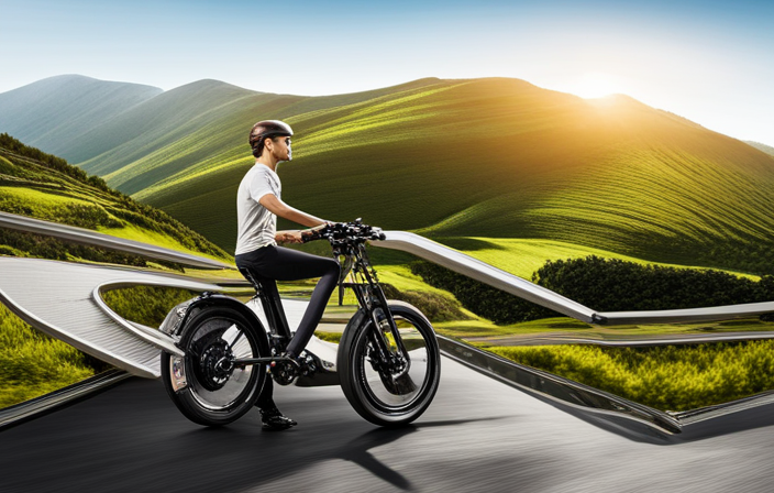 An image that showcases a sleek, high-powered electric bike cruising effortlessly up a steep mountain trail, with the rider exuding confidence and exhilaration, emphasizing the bike's impressive power and performance