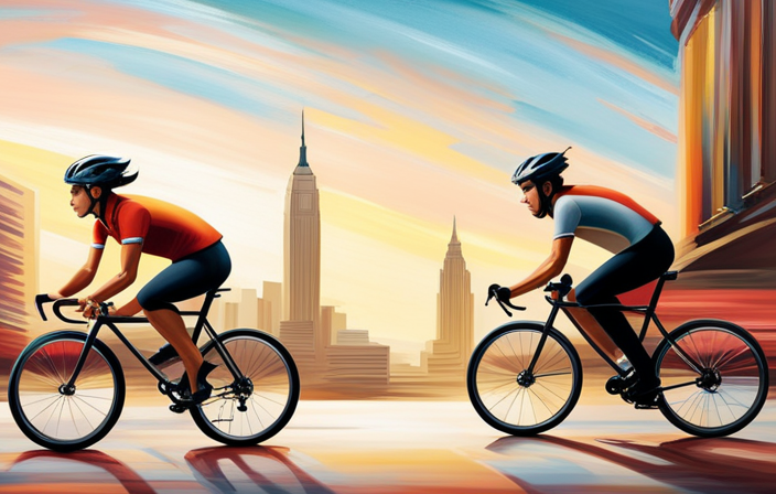 An image showcasing two cyclists racing side by side on a city street