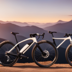 An image showcasing a sleek, lightweight gravel grinder bike gliding effortlessly over a rugged terrain, as the sun sets behind a towering mountain range, emphasizing the perfect balance between strength and agility