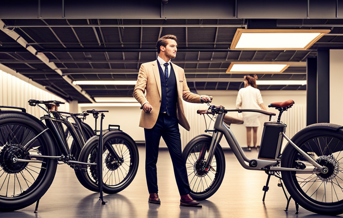 An image showcasing a person carefully examining an electric bike, surrounded by a diverse array of electric bike models in a well-lit showroom, emphasizing the importance of comparing prices and features