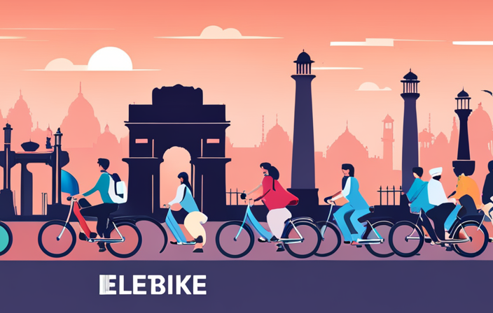 An image showing a bustling street in Delhi, with a diverse group of people riding electric bikes