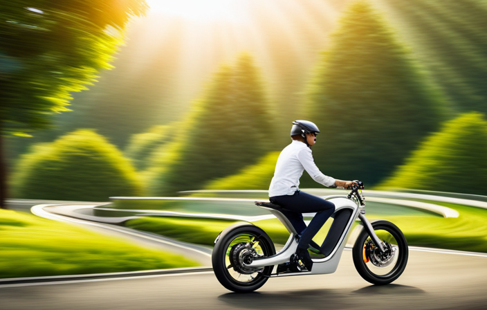 An image showcasing a sleek electric bike gliding effortlessly on a vibrant, winding road, surrounded by lush greenery and dappled sunlight