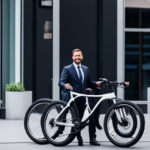 An image featuring a sleek electric mountain bike parked outside an insurance agency, with a confident owner standing nearby, holding a notepad and pen, ready to discuss coverage options