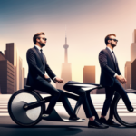 An image of a sleek, futuristic electric bike parked on a city street, surrounded by insurance agents