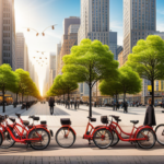 An image featuring a vibrant urban setting with a row of sleek, modern electric bikes parked neatly on the sidewalk
