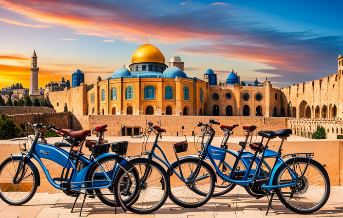 An image that showcases a colorful array of electric bikes lined up neatly against a backdrop of Jerusalem's iconic landmarks, enticing readers to discover the affordable rental rates for these eco-friendly vehicles