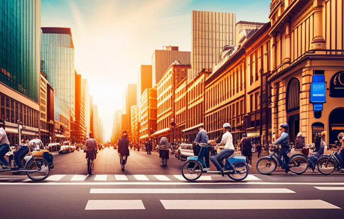 An image showcasing a bustling city street, filled with people effortlessly riding sleek, electric bikes adorned in vibrant colors