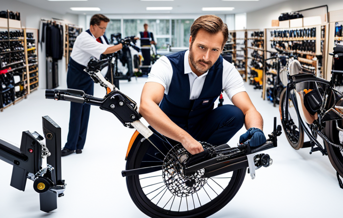 An image showcasing a skilled technician meticulously repairing an electric bike, surrounded by a neatly organized array of tools, wires, and spare parts, highlighting the intricate process of restoring this eco-friendly mode of transportation