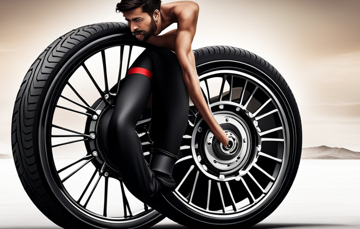 An image showcasing a close-up of an electric bike's rear wheel, as a powerful electric motor propels it forward