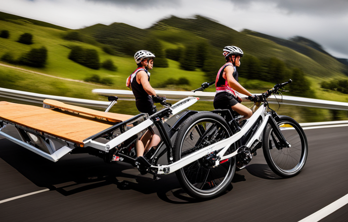An image showcasing an electric bike pulling a loaded trailer uphill, demonstrating its impressive hauling capacity