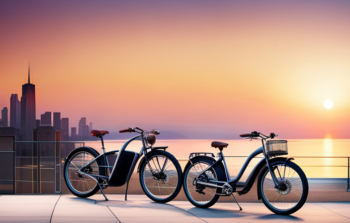 An image featuring a serene sunset backdrop with an electric bike parked next to a charging station, its battery cord connected