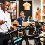 An image featuring a young person excitedly examining an electric bike at a store, while an employee stands nearby explaining the age requirements