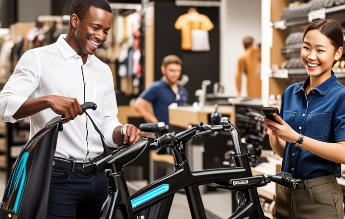 An image featuring a young person excitedly examining an electric bike at a store, while an employee stands nearby explaining the age requirements