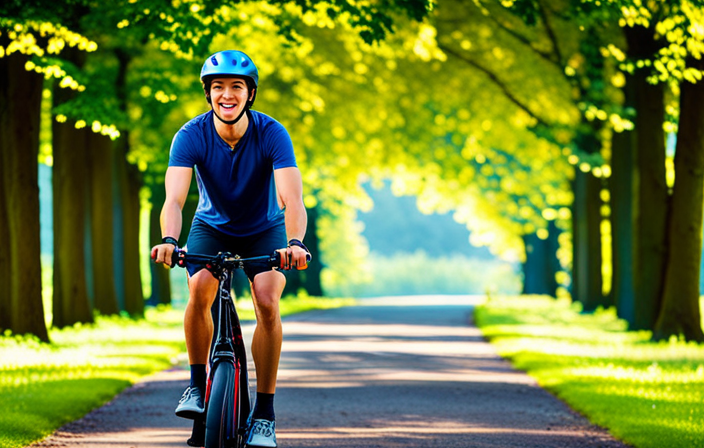 An image that features a young teenager wearing a helmet, confidently riding an electric bike along a scenic, tree-lined path