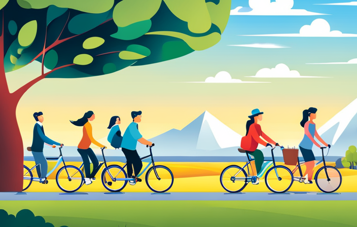 An image showcasing a diverse group of people, ranging from teenagers to senior citizens, happily riding electric bikes on a scenic bike path, highlighting the inclusivity and accessibility of electric bikes for all age groups