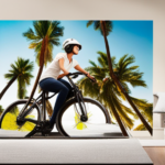 An image of a teenager wearing a helmet, confidently cruising on an electric bike along a palm-tree-lined Californian beach, showcasing the state's scenic beauty and suggesting the freedom and joy of riding