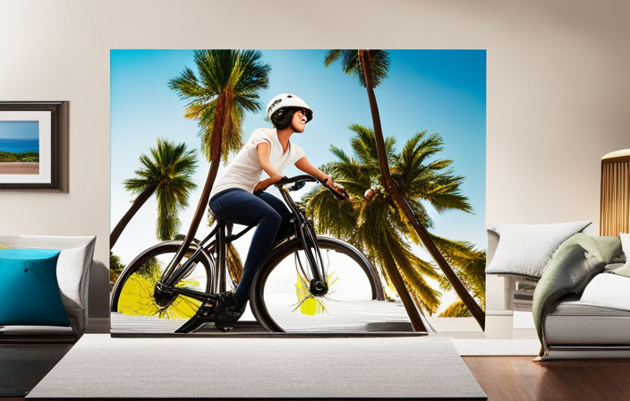 An image of a teenager wearing a helmet, confidently cruising on an electric bike along a palm-tree-lined Californian beach, showcasing the state's scenic beauty and suggesting the freedom and joy of riding