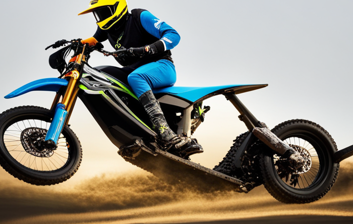 An image showcasing a young rider, aged 12, confidently maneuvering an electric dirt bike on a rugged off-road trail, wearing protective gear including a helmet, gloves, and knee pads