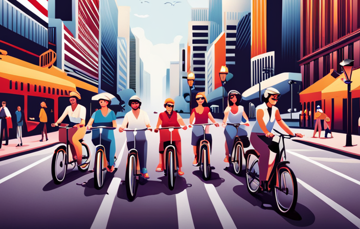 An image featuring a vibrant city street, showcasing a diverse group of people of various ages effortlessly riding electric bikes