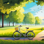 An image of a serene park scene with an electric bike parked next to a charging station, displaying a clear battery icon indicating the charging progress