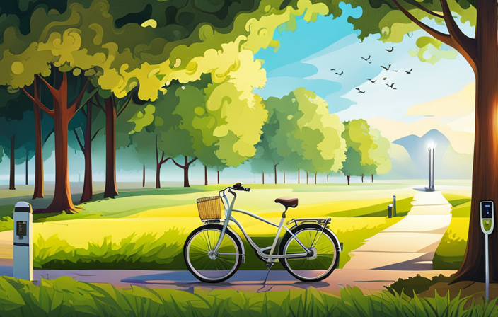 An image of a serene park scene with an electric bike parked next to a charging station, displaying a clear battery icon indicating the charging progress
