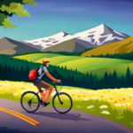 An image depicting a young person, aged 16 or older, riding an electric bike on a serene Oregonian road, surrounded by lush green forests and a majestic mountain backdrop