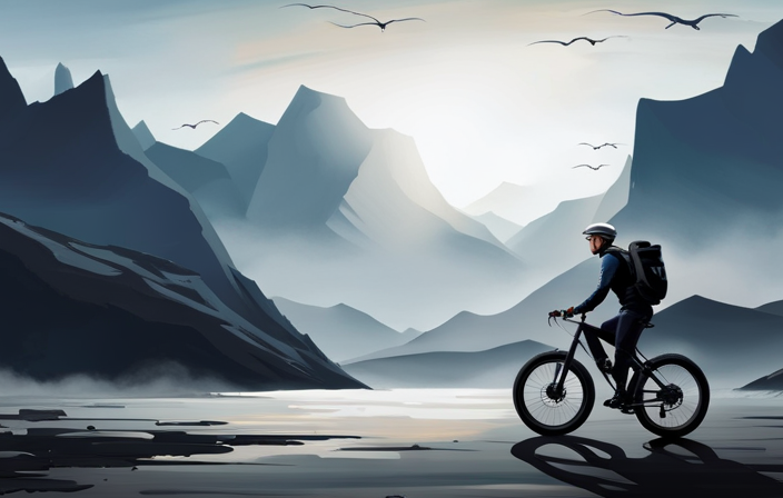 An image showcasing a sleek, black electric bike effortlessly zooming up a steep mountain trail