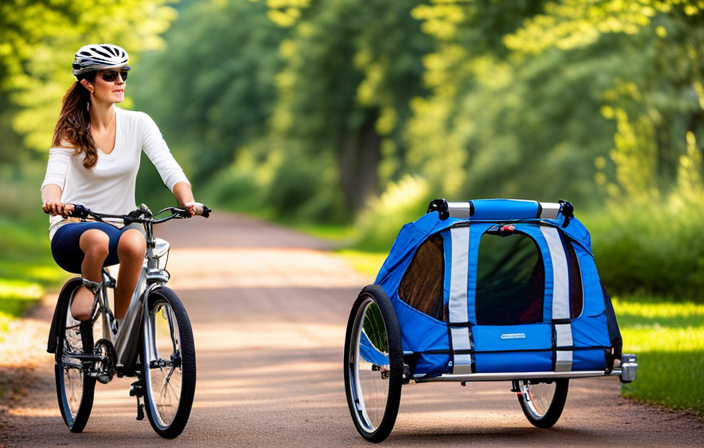 An image that depicts a serene bike trail with a sturdy bike trailer attached; the trailer should showcase safety features like reflective strips, a secure harness, and a durable frame