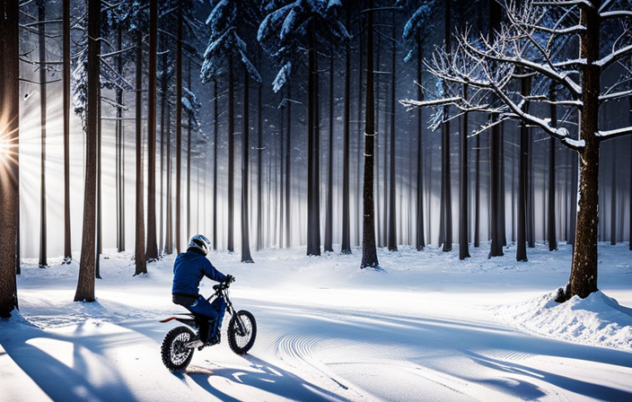An image showcasing the Is It Mototec 24 Volt 500 Watt Electric Dirt Bike against a backdrop of towering trees, emphasizing its height by placing it next to a person, capturing its impressive stature and dominance