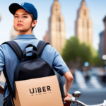 An image showcasing a delivery person on a bicycle, wearing an Uber Eats branded backpack, effortlessly navigating through city streets, passing by iconic landmarks, and delivering food with a smile