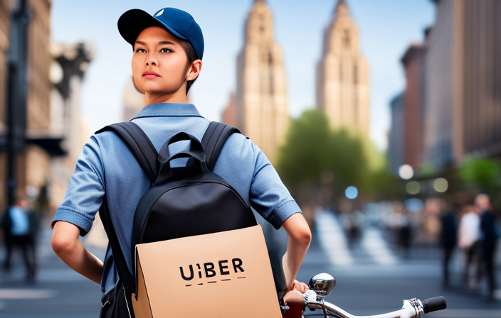 An image showcasing a delivery person on a bicycle, wearing an Uber Eats branded backpack, effortlessly navigating through city streets, passing by iconic landmarks, and delivering food with a smile