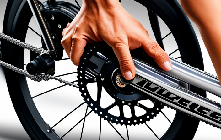 An image showcasing a close-up of a cyclist's hands gripping an Allen wrench, delicately adjusting the brake caliper positioning