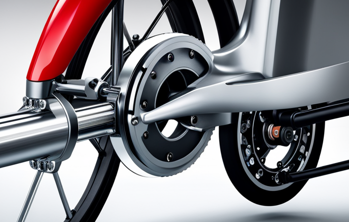 An image showcasing a close-up of an electric bike's rear wheel with a hand adjusting the brake pads