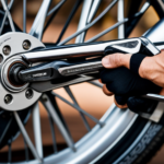 An image showcasing a close-up view of a person's hands firmly gripping an adjustable wrench, skillfully adjusting the brake pads on an electric bike