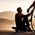 An image that showcases a close-up of a bicycle wheel, with a person's hand delicately adjusting the brake pads on the rim